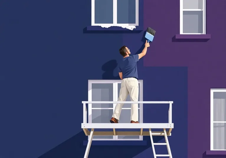 Peintre sur échafaudage traitant la façade d'une maison
